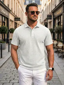Men's Fashion Textured Collared Polo Shirt, Button Front Collar, Loose Fit, Casual Short Sleeve Top, Stylish and Comfortable Apparel