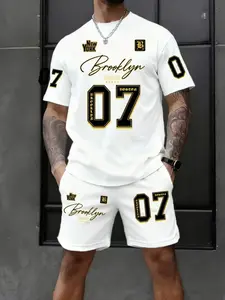 Men's Short Sleeve Round Neck Crewneck Set with Shorts, Menswear Summer Fashion Trendy Tee and Track Shorts, Quick Dry Fabric with Geometric 3D Print for Casual Wear
