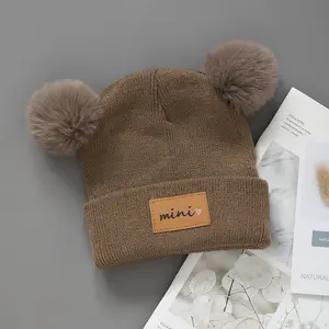 3pcs Breathable Stretchy Infant Knit Beanie with Heart Pompoms| Hand Washable,Mixed Colors,New Year's Occasion,Daily Casual Wear