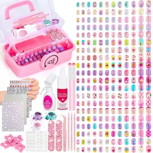 480 Pcs Kids Nails and Glue, Girls Press ons Nail Art Kit with Storage Case, Fake Nails Adhesive, Remover, Stickers, Glitter Cute Stuff Gift for Girls 8-12