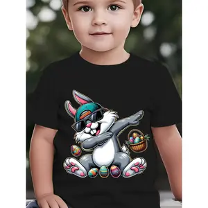 Boys' Cotton Easter Short Sleeve T-Shirt, Casual Outdoor Top with Easter Bunny Cartoon Print, Crew Neck, Slight Stretch Fabric, Regular Fit, Glasses & Duckbill Cap Design - NY-DX5232