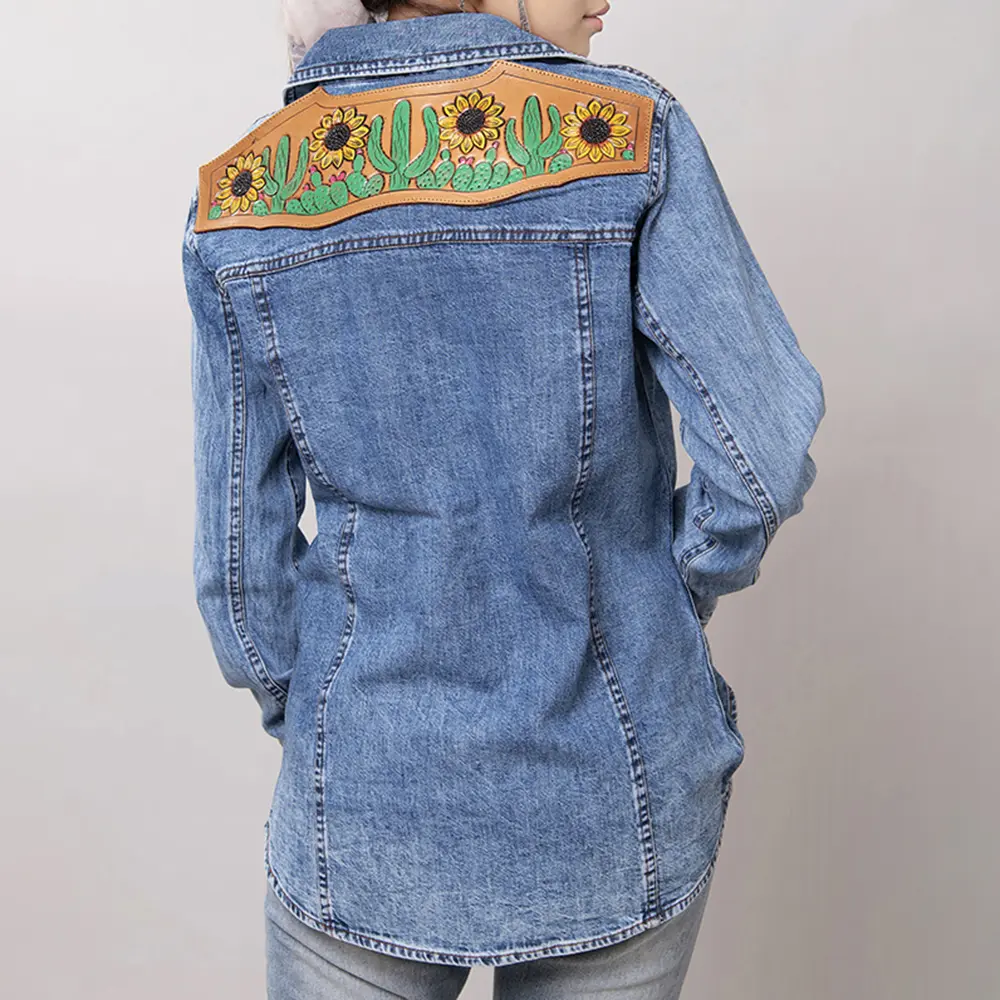 American Darling Genuine leather Hand tooled carved Women 100% cotton Denim Blazer dress jacket ladies |Vintage