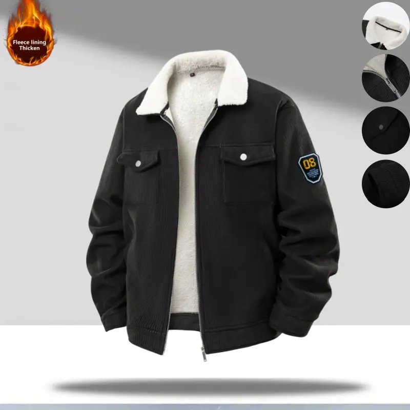 Men’s corduroy jacket with a turn-down collar, retro workwear casual style, fleece lining, made from thick lambswool fabric, suitable for men’s casual outings and everyday wear in autumn and winter. Quilted Outerwear Jacket Black