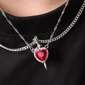 2-in-1 Creative Chic Gothic Vintage Pendant Necklaces Sword & Sparkling Red Heart Decor For Women And Men Stainless Steel Cubic Zirconia Great Gift
