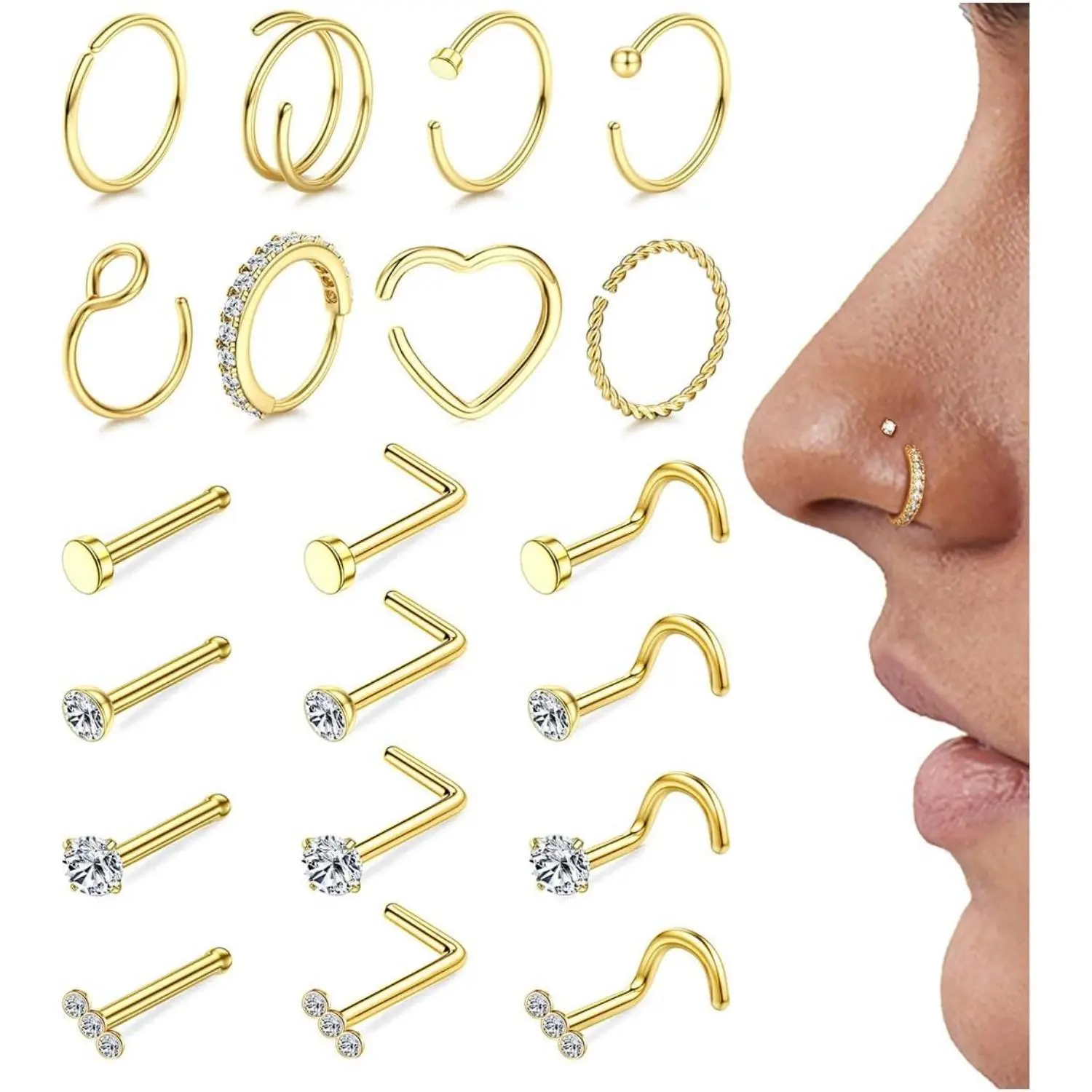 YADOCA 18g 20g Nose Rings Hoops Nose Studs - Hypoallergenic Surgical Steel CZ Nose Stud L Shape Body Nostril Piercing Jewelry for Women Men 14k Plated Gold 20Pcs