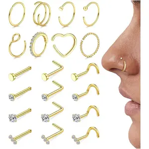 YADOCA 18g 20g Nose Rings Hoops Nose Studs - Hypoallergenic Surgical Steel CZ Nose Stud L Shape Body Nostril Piercing Jewelry for Women Men 14k Plated Gold 20Pcs