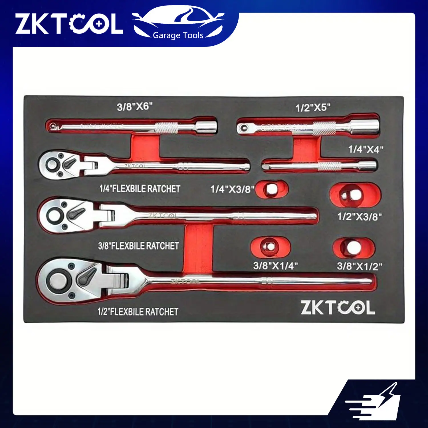 10PC Flex Head Ratchet Set, 1/ 4", 3/ 8", 1/ 2" Drive, Swivel Head Ratchet Wrench with Extension Bar