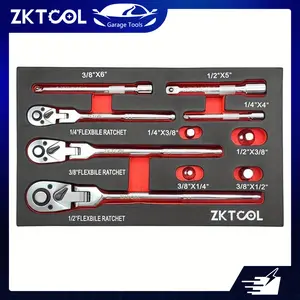 10PC Flex Head Ratchet Set, 1/ 4", 3/ 8", 1/ 2" Drive, Swivel Head Ratchet Wrench with Extension Bar