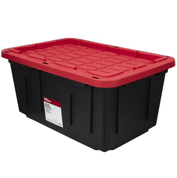 27-Gallon Heavy-Duty Storage Bin, Black Plastic Container with Red Snap-On Lid for Home, Garage & Workshop
