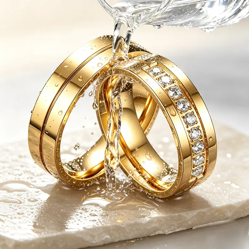 Hypoallergenic Golden Stainless Steel Couple Rings  Cubic Zirconia Row Wedding Engagement Bands for Men Women