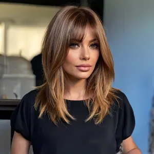 Elegant Straight Wig for Women with Bangs-100% Tang Long Fiber Synthetic Wig, Rose Mesh Cap, Intermediate Density 150%, Realistic Layering Effect, Heat Resistant Fiber, Suitable for All Users