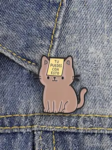 1 Piece Spanish Tu Puedes Con Esto Brown Cat Cartoon Pin, Encouraging Spanish Quote & Cat Design Brooch, for Students Self Motivators Backpack Jacket Decoration Gift