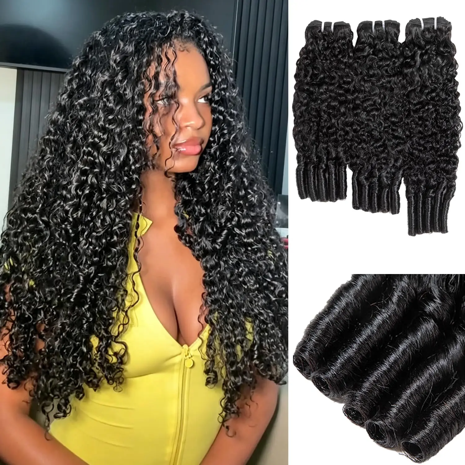 Bundles Human Hair 3C4A Spiral End Quick 3Pcs Burmese Curly Water Wave Bundles Human Hair Extensions for Black Women 14-30 INCH Natural Black (3 Burmese Bundles Curly Human Hair, 18 20 22)
