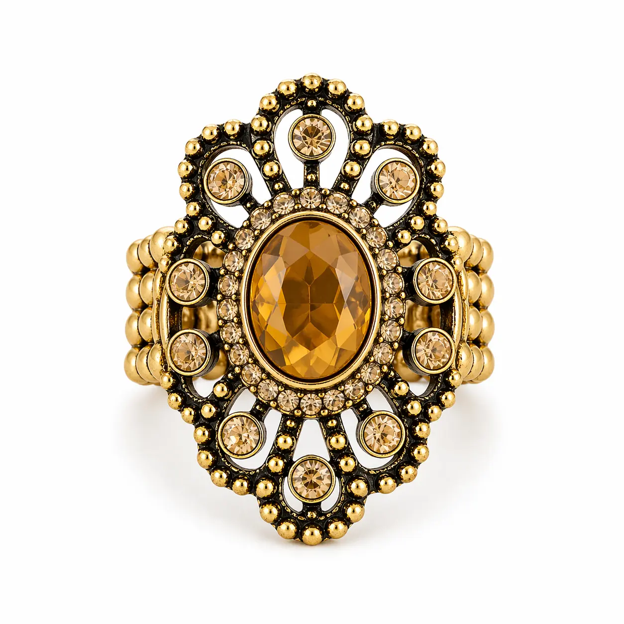 Golden Honey Halo Statement Ring, Luxury Costume Jewelry - Antique, Alloy, Chunky Gold-Tone, Cluster Style, Contemporary Statement Rings, Antique Rings