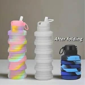 Foldable Silicone Sports Water Bottle, Travel Water Bottle, Flexible Water Bottle, 200ML Folded Capacity, 500ML Expanded Capacity, Portable Design, Hidden Straw, Easy Carry, Water Storage Bottle, Leakproof Water Bottle
