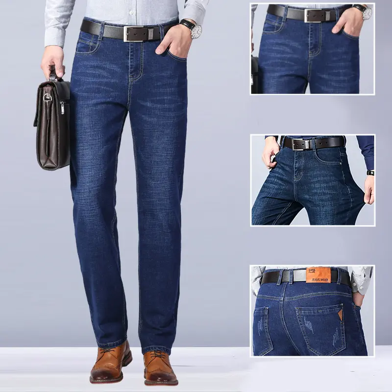 Men’s straight-leg jeans — lightweight for summer, business casual long pants made from a stretch cotton blend; comfortable, breathable, versatile denim for everyday wear, commuting, and office casual looks; classic denim trousers.