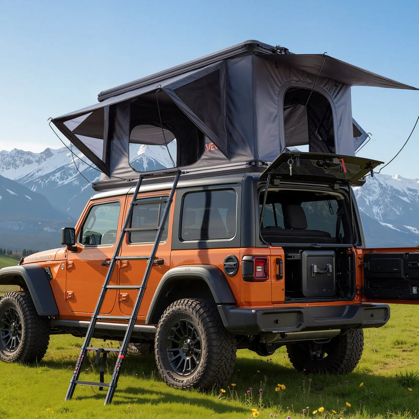 VEVOR Rooftop Tent Hard Shell, 2-3 Person Aluminum Roof Top Tent Hardshell with Tri-Color LED Light, Thick Mattress 2 Windows, Waterproof Windproof Overland Camping Car Roof Rack for Jeep SUV Pickup