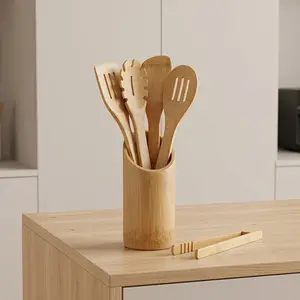 Wooden Utensil Set with Holder, Bamboo Utensils – 8 Pack Kitchen Nonstick Bamboo Cooking Utensils Set, Healthy Bamboo Wooden Spatula Spoon for Cooking