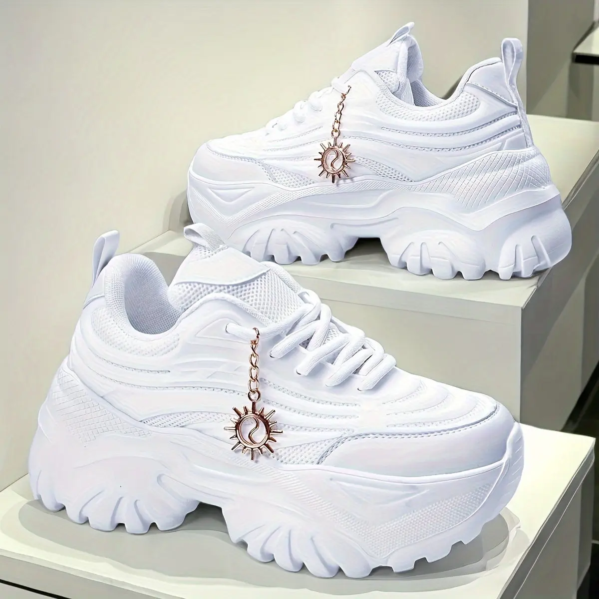 Female Sneakers, Sporty Chic Solid Breathable Mesh Fabric Low Tops, Lightweight Round Toe Lace-up for All-Season Casual Outdoor Wear (WL47449)