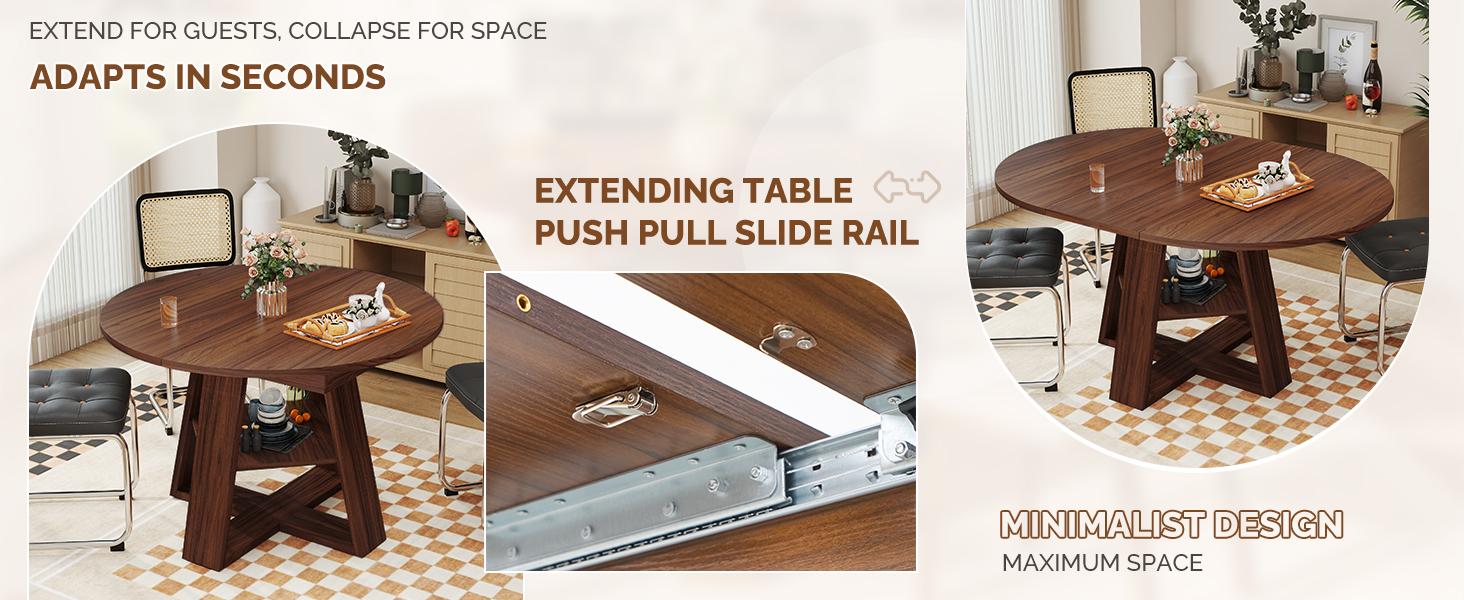 43.3‑59 in Extendable Oval Dining Table for 4‑6, Engineered Wood Round Dining Table with Hidden Extension Storage & Bottom Shelf, Space‑Saving Modern Kitchen Living Room Tables (Walnut)