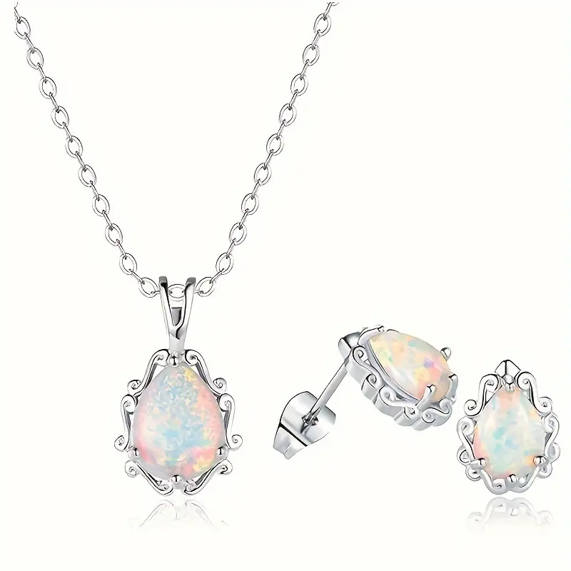 Vintage  Opal Jewelry Set For Women Pear Cut Opal Hypoallergenic Pendant&Earrings Charm Accessories Wedding Engagement Vintage Gift