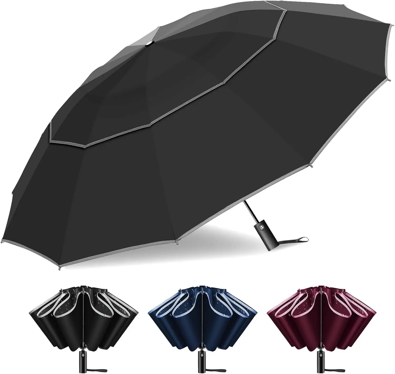54 Inch Inverted Golf Umbrella for Rain, Automatic Windproof 12 Ribs Double Canopy Vented Reverse Folding Umbrella for Travel, UPF 50+ Compact Portable Upside Down Reflective Large Umbrellas