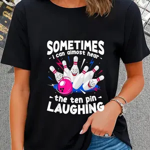 100% Cotton Women's Funny Bowling Graphic T-Shirt - "Laughing Pins" Design, Tee, , , Black with Colorful Bowling Artwork, Wear | Playful Graphic Tee | Machine Washable Design