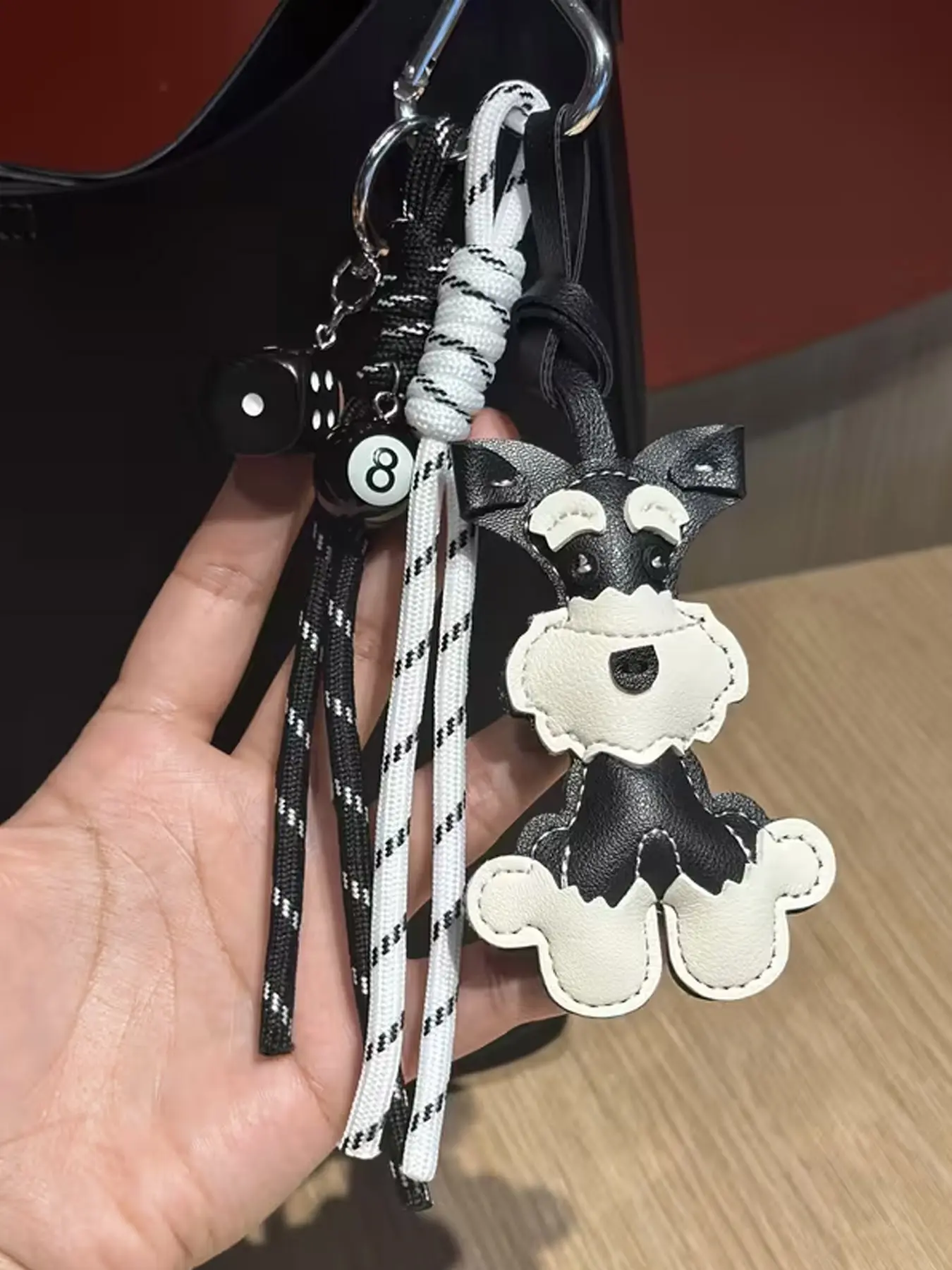 Pu Leather Schnauzer Pendant, Woven Lanyard And Dice, Black Size 8 Billiards, Small Bow, Heart Pendant Accessory, Hiking Buckle Design, Can Be Hung On Backpacks, Keys Or Bags, Is A Personalized Accessory For Pet Enthusiasts And Trendy Friends | Keychain