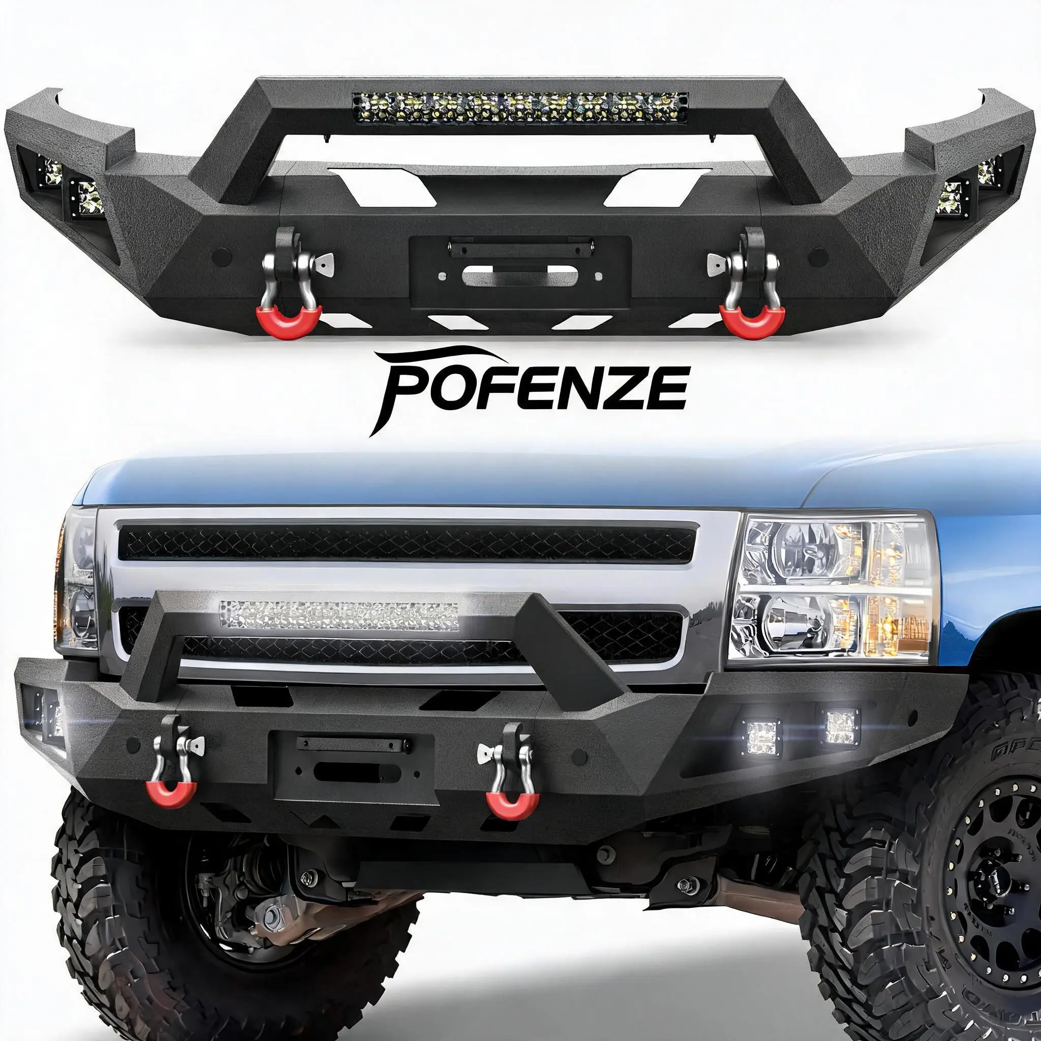POFENZE-Mestan Chevy Silverado Front Bumper for 2007-2013 Chevy Silverado 1500 | Steel Bumper w/Winch Plate, LED Lights, D-rings and License Plate Bracket