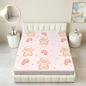 1Pc Gingerbread Candy Pink Fitted Sheet Mattress Protector Christmas Theme, Holiday Soft Comfortable Bedding Mattress Cover, for Bedroom Guest Room.