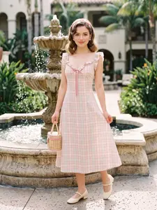 RETRO STAGE 1950s Pastel Plaid Ruffled Bow Sweetheart Neck Swing Dress