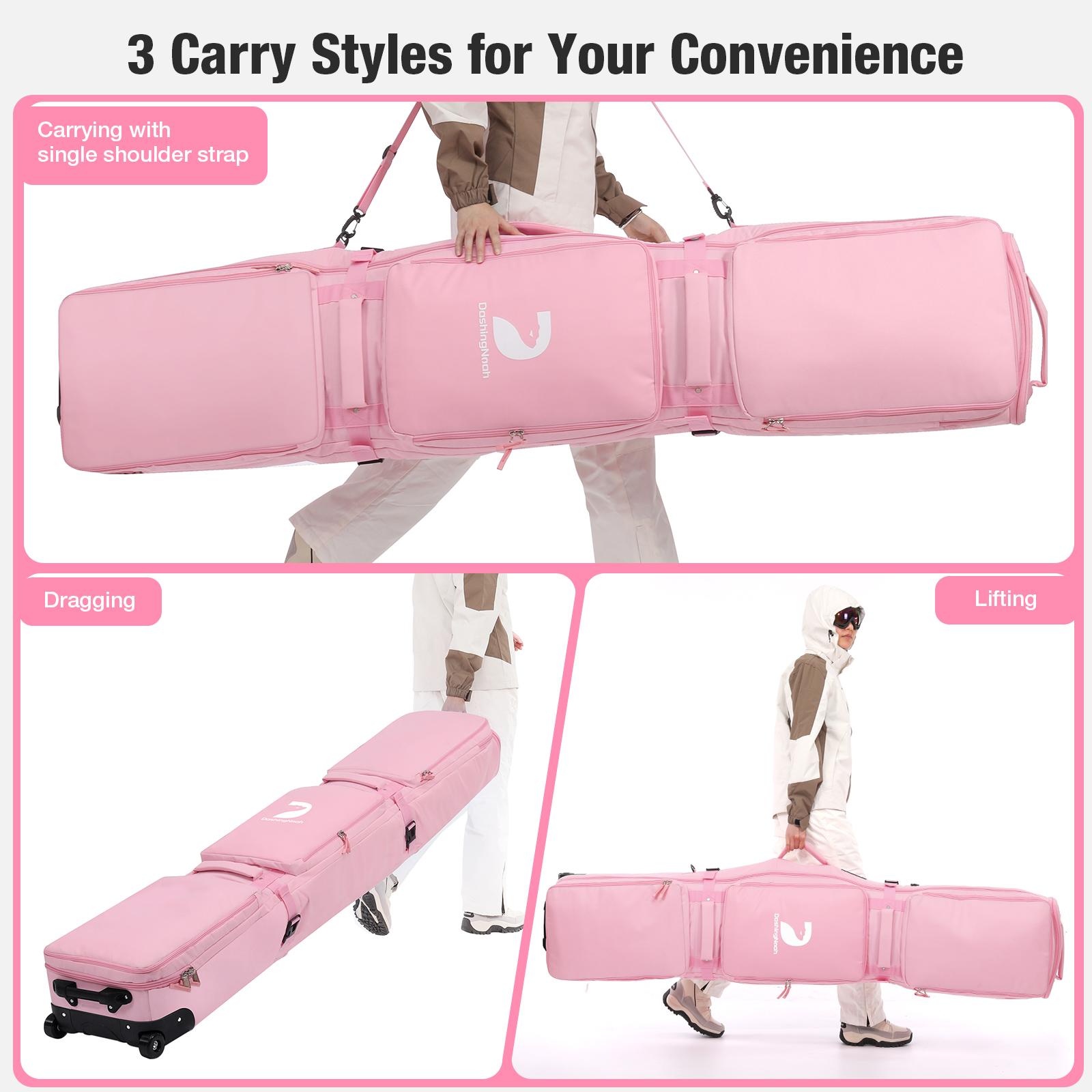 Rolling Ski Bags with Wheel, 155cm-175cm Padded Waterproof Snowboard Bag for Air Travel, Fits Single Ski & Skis with 3 Separation Storage, Unisex Adjustable Length, Pink Rolling Ski Bags with Wheel, 155cm-175cm Padded Waterproof Snowboard Bag for Air Travel, Fits Single Ski & Skis with 3 Separation Storage, Unisex Adjustable Length, Pink