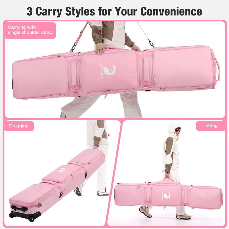 Rolling Ski Bags with Wheel, 155cm-175cm Padded Waterproof Snowboard Bag for Air Travel, Fits Single Ski & Skis with 3 Separation Storage, Unisex Adjustable Length, Pink