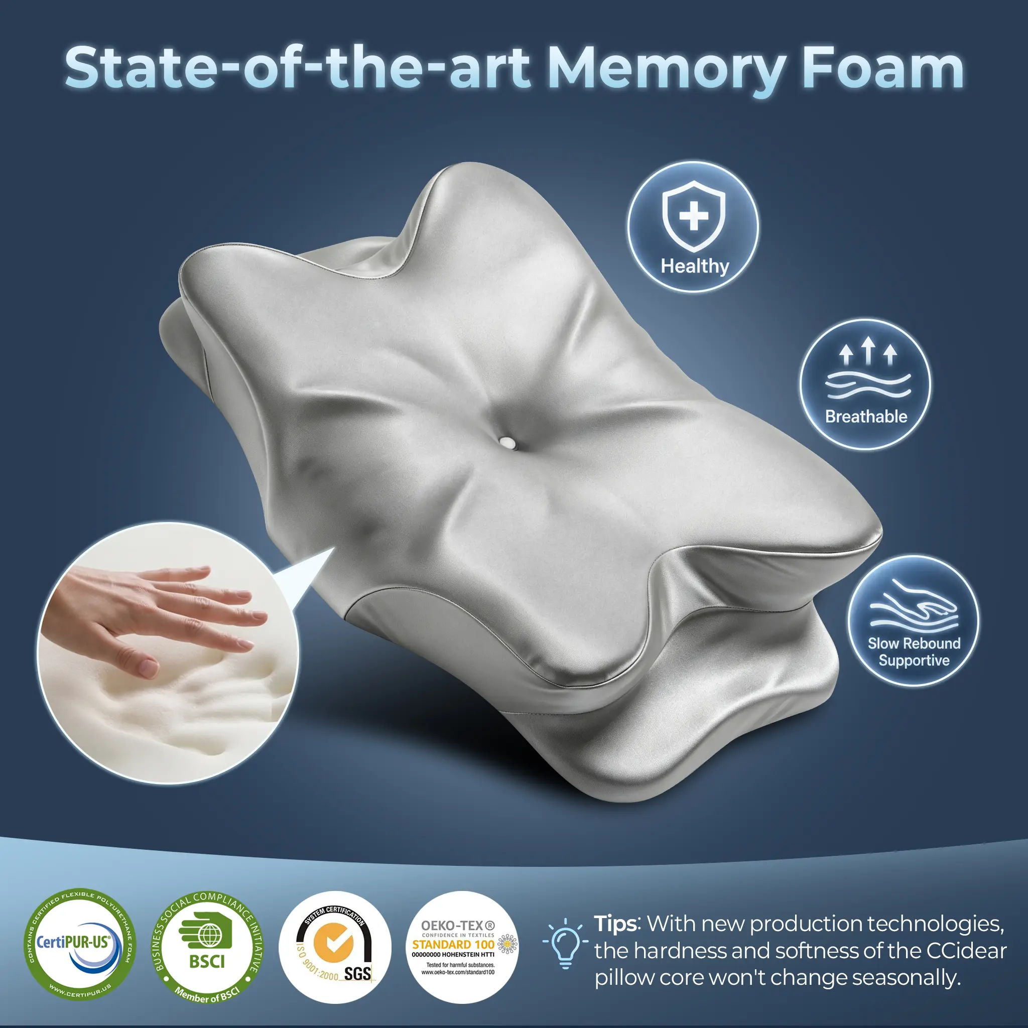CCidea Memory Foam Pillow Cooling Cervical Neck Support Pillow Ergonomic Contour Design for Side Back and Stomach Sleepers，boyfriend pillow
