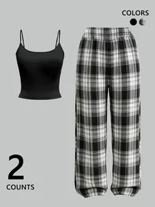 Women's Casual Tank Top and Plaid Long Pants Pajama Set, Comfortable Daily Home Wear, Fashion Nightwear, Loose-Fitting Sleepwear