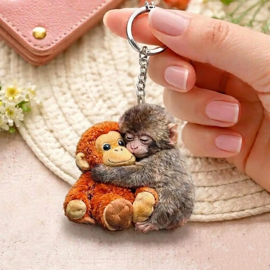 Viral Punch Monkey 2d Wooden Keychain, Cute Baby Monkey With Plush Toy Gift, Gift For Animal Lovers, Baby Monkey Punch, Baby Punch Gifts