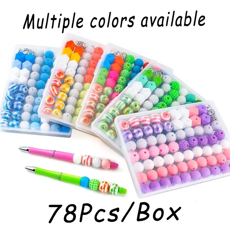 78pcs Silicone Beads Set for DIY Crafts, Beading Supplies, DIY Mix Beads, Interchangeable Beads, Multicolor Acrylic & Plastic Beads for Keychains, Bracelets, Necklaces, Pen Accessories, Adjustable Beaded Design