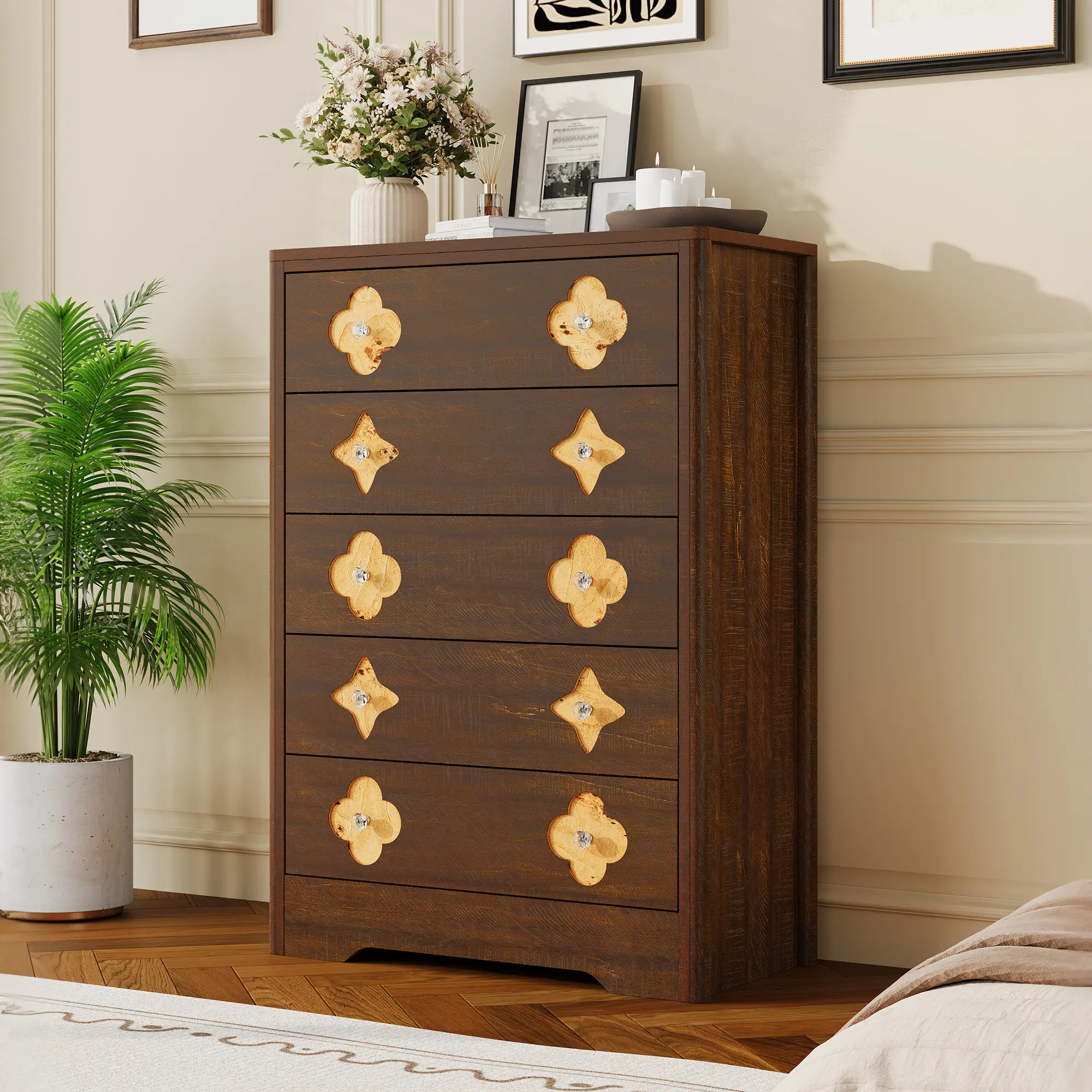 Tall Wooden Rattan Dresser with Boho Drawer Fronts, Clothes Storage Chest for Bedroom and Nursery, Multi Purpose Organizer for Living Room and Entryway