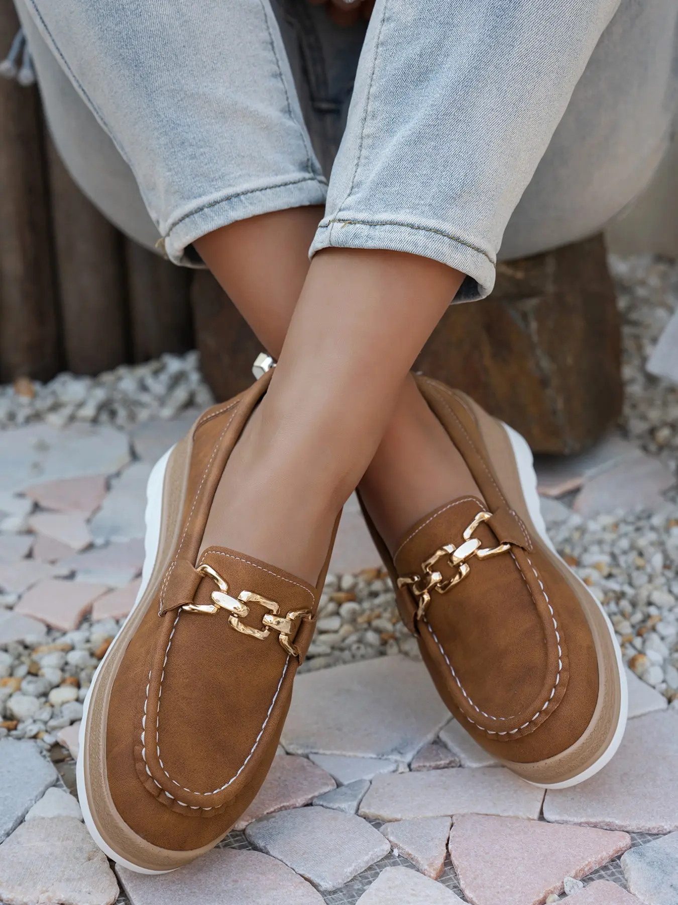 2026 New Multicolor Wedge Loafers, Easy Breezy Loafers, Metal Chain Decoration, Anti-Slip Wave Thick Sole, Street Style Casual Shoes, Flatform, Casual Summer Shoes