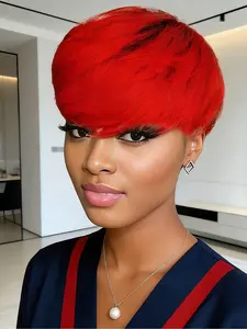 Red Color Human Hair Wigs Brazilian Hair Machine Made Pixie Cut Wig With Bangs