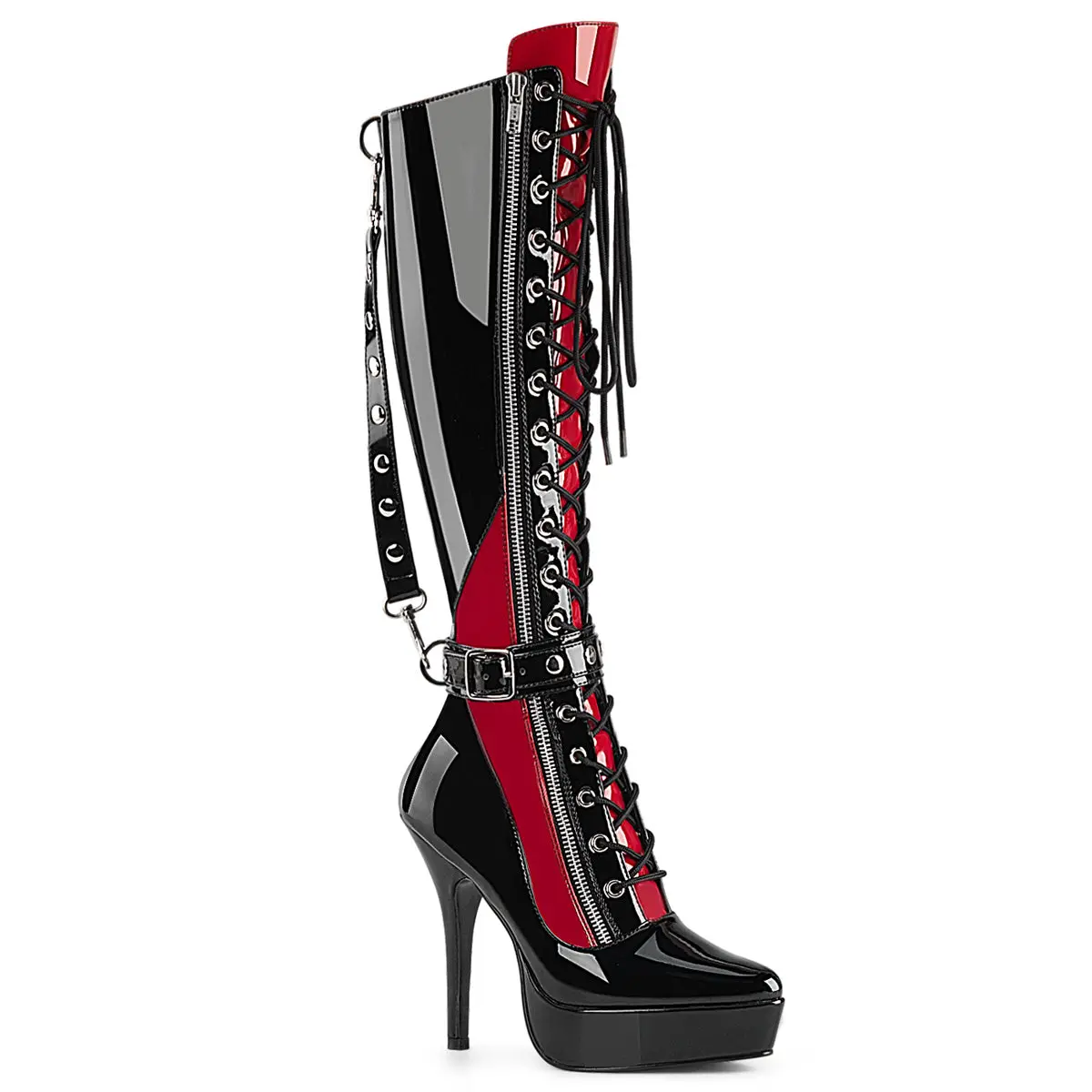 Pleaser Women's Indulge-2028 Patent Knee High Boots, Chic 5.25" Heel Platform with Lace-Up Front, Metal Studded Cuff, Contrast Upper & Dual Zip Closure, Footwear, High Heel, Statement Shoes, Laces, Black-Red Patent, Patent Finish