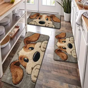 3pcs Flannel Mat Set - Cute Beagle PuppyPrint Kitchen Rugs, Soft -Washable, Bedroom- BeigeBrownGray Puppy Pattern - Cozy Room & Pet-Friendly Home Decor