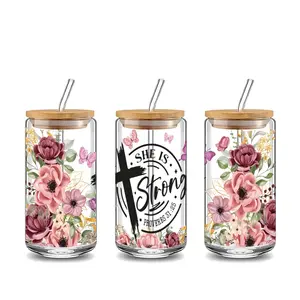 Elegant She Is Strong Floral Design 16oz Glass Water Cup with Lid and Straw, Bamboo Lid Pink Halloween Reusable Glass Drinking Cup, High-Quality Glass Jar Design, Suitable for Iced Coffee, Beer, Juice, Milk, Cold Drink Glass Cups, Fashionable Glassware