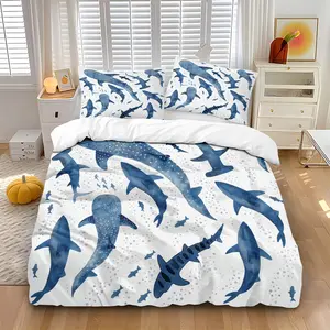 Three-piece bedding set watercolor blue shark group print (1 set +2 pillowcases, no core), personalized bedding, suitable for high-end bedrooms of various size to meet different needs, suitable for wildlife lovers