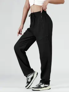 Women's Quick-Dry Sports Pants with Zipper Pockets, Breathable Running Joggers, Lightweight Hiking Travel Outdoor Wear, Sporty Comfy Breathable