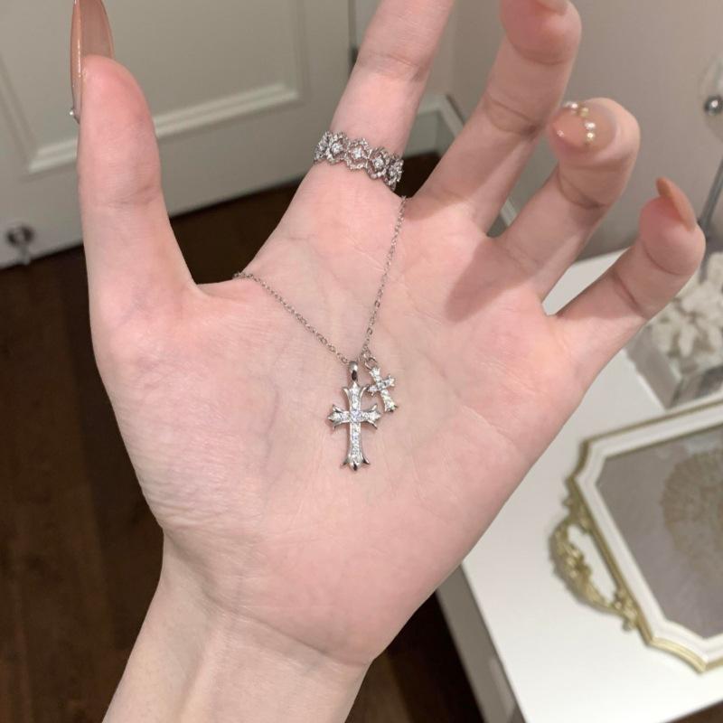 S925 Silver Double Cross Necklace Pave Zircon Pendant