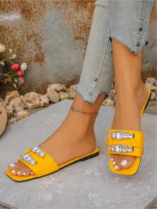 2026 New Arrival Women's Rhinestone Decor Flat Slide Sandals, Soft Bottom Non-slip Open Toe Slippers, Casual Beach Vacation Outdoor Slides