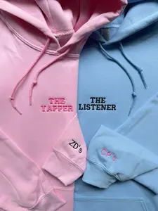 The Yapper & The Listener Matching Embroidered ( Message Us For Custom Name ) Hoodie Set – Playful Trouble & Trouble Heart Couple Sweatshirts, Funny His And Hers Matching Outfit, Cute Best Friend Or Partner Gift With Minimal Embroidery