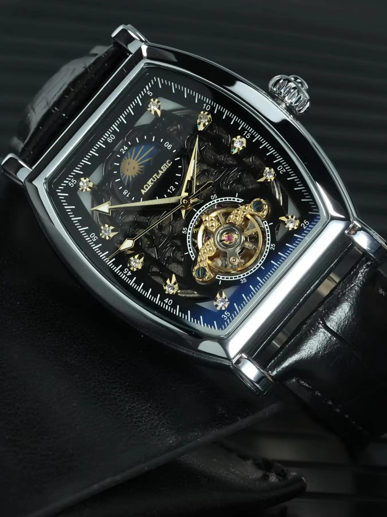 Men's Luxury Tourbillon Skeleton Automatic Mechanical Watch, Moon Phase Casual Leather Strap, Analog Barrel Shape, Mineral Glass Dial, Precision Timing Watch, Analog Mechanical Watches