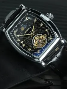 Men's Luxury Tourbillon Skeleton Automatic Mechanical Watch, Moon Phase Casual Leather Strap, Analog Barrel Shape, Mineral Glass Dial, Precision Timing Watch